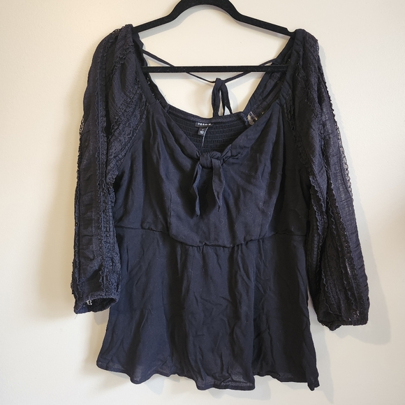 torrid Tops - Torrid Black Tie Front Puff Lace Sleeve Blouse